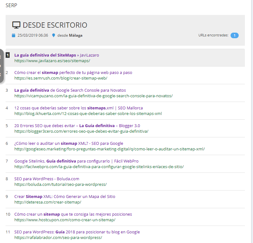 Imagen de las SERP que nos ofrece Seobox